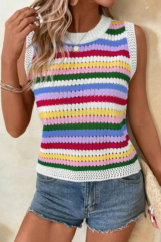 Love Salve Vibrant striped knitted vest with eyelet detail