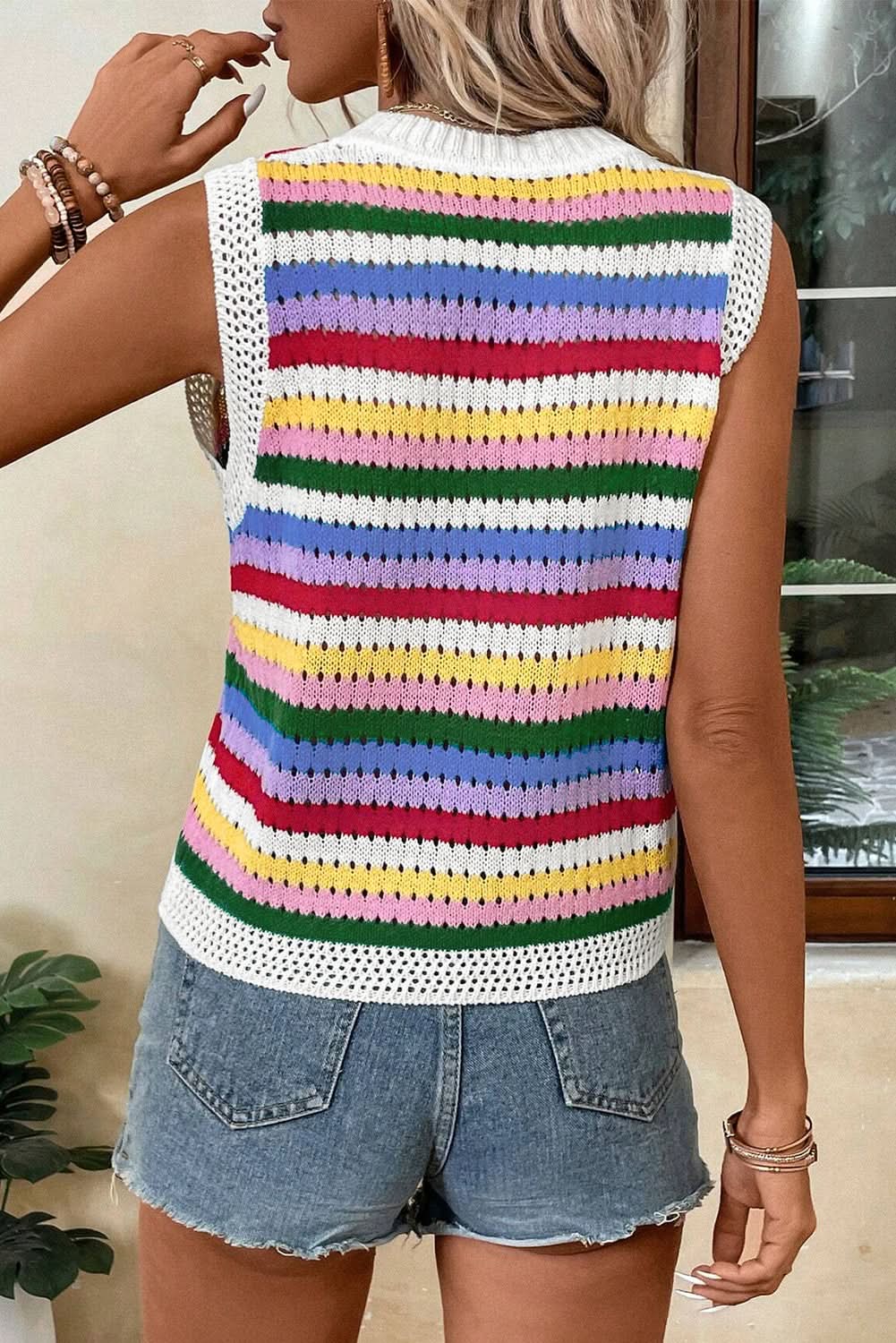 Love Salve Vibrant striped knitted vest with eyelet detail
