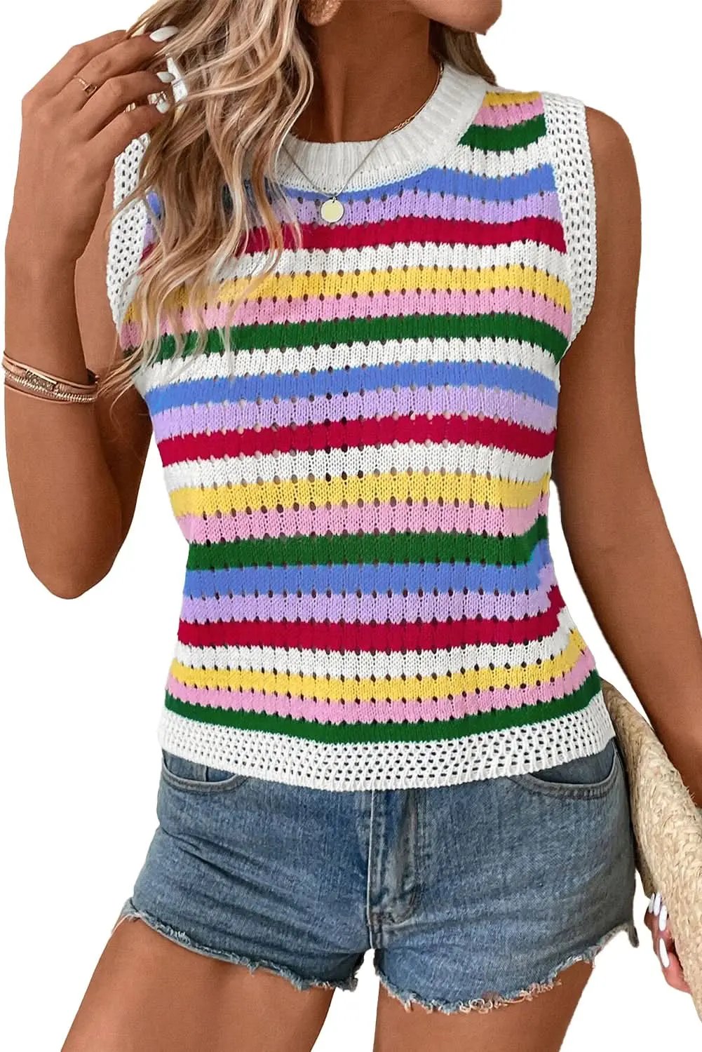 Love Salve Vibrant striped knitted vest with eyelet detail
