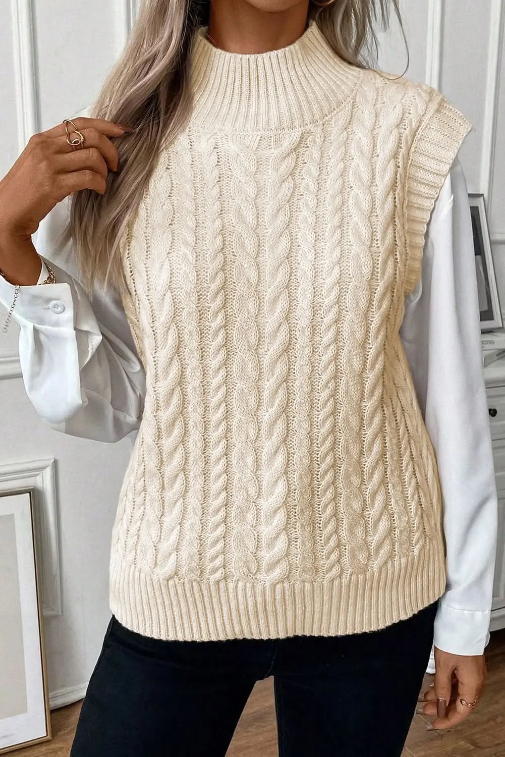Sweater Vest - Cable Knit Layering - Oatmeal