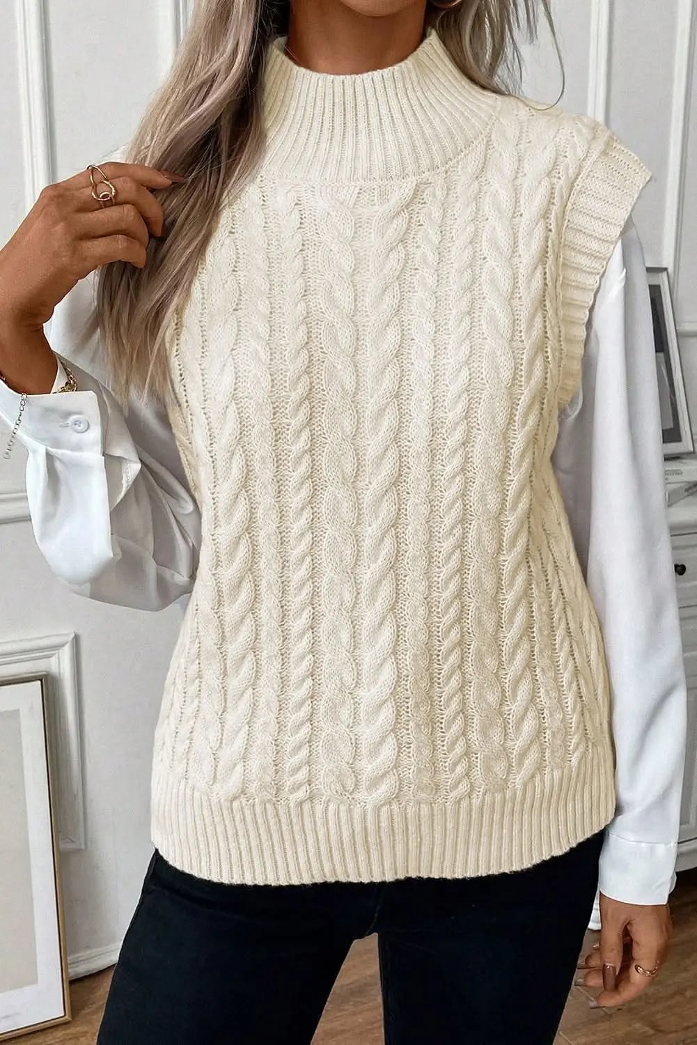 Sweater Vest - Cable Knit Layering - Oatmeal