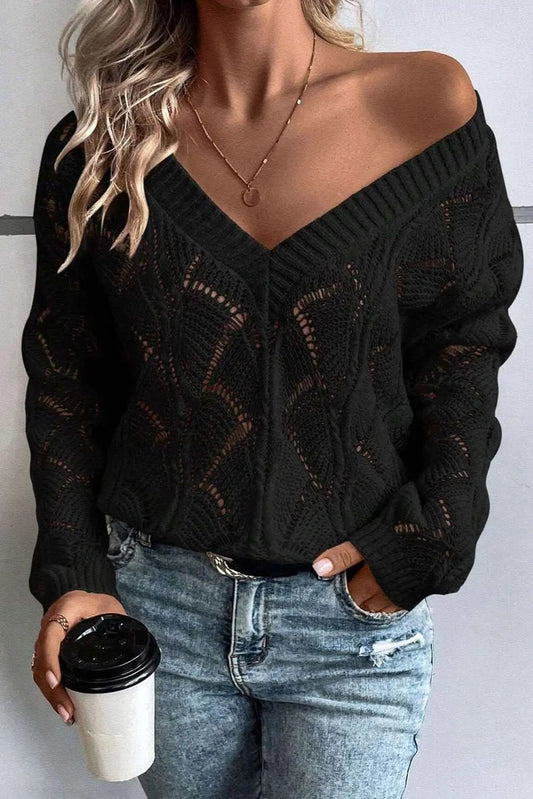 Love Salve Chic black hollow knit v-neck sweater