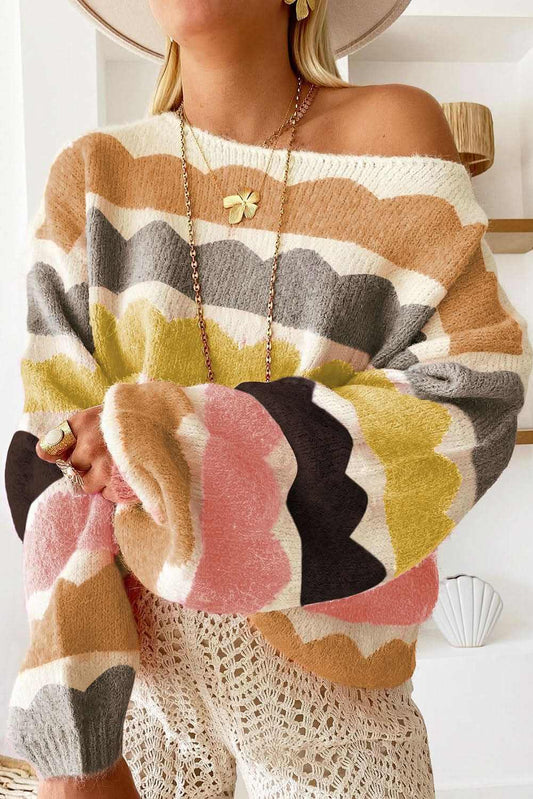 Women's Sweater - Yellow Striped Balloon Sleeve - Chic Casual Knit