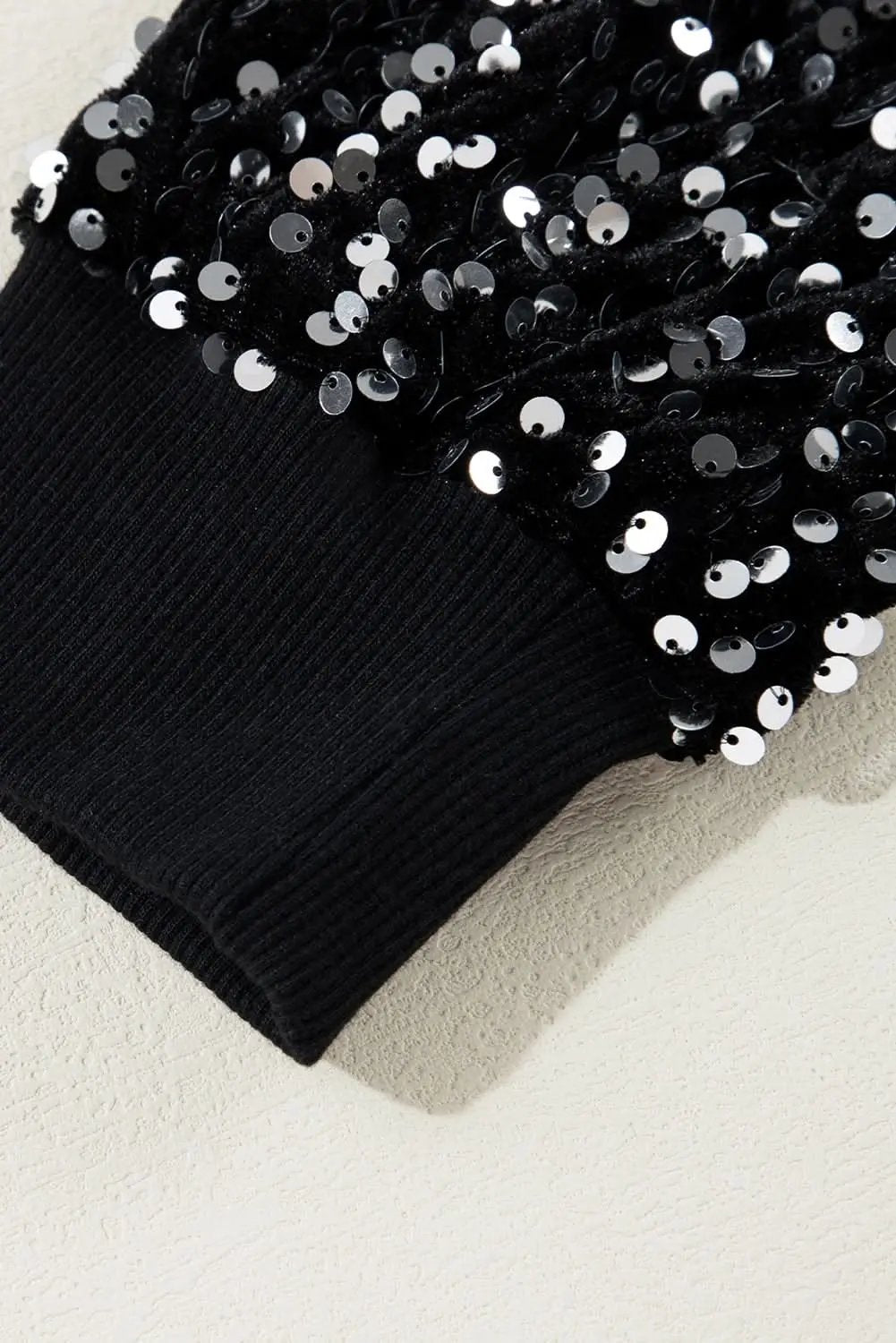 Love Salve Black Sequined Long Sleeve Crew Neck Cropped Blous