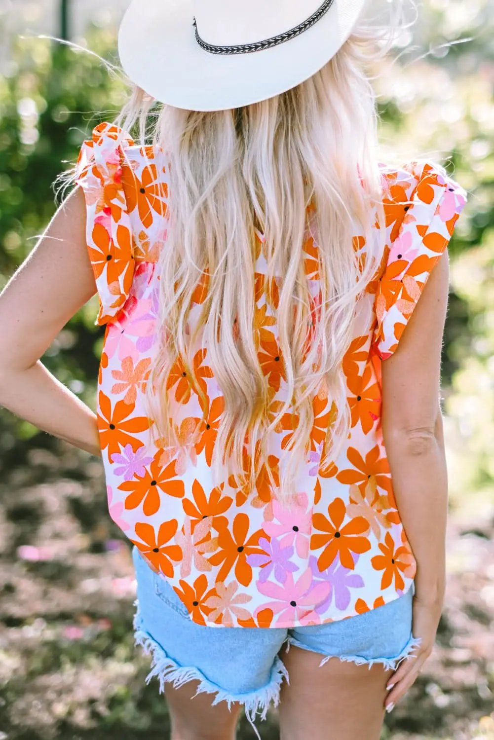 Love Salve Orange Smocked Floral Top Women's Lightweight Summer Top Ruffled Sleeves