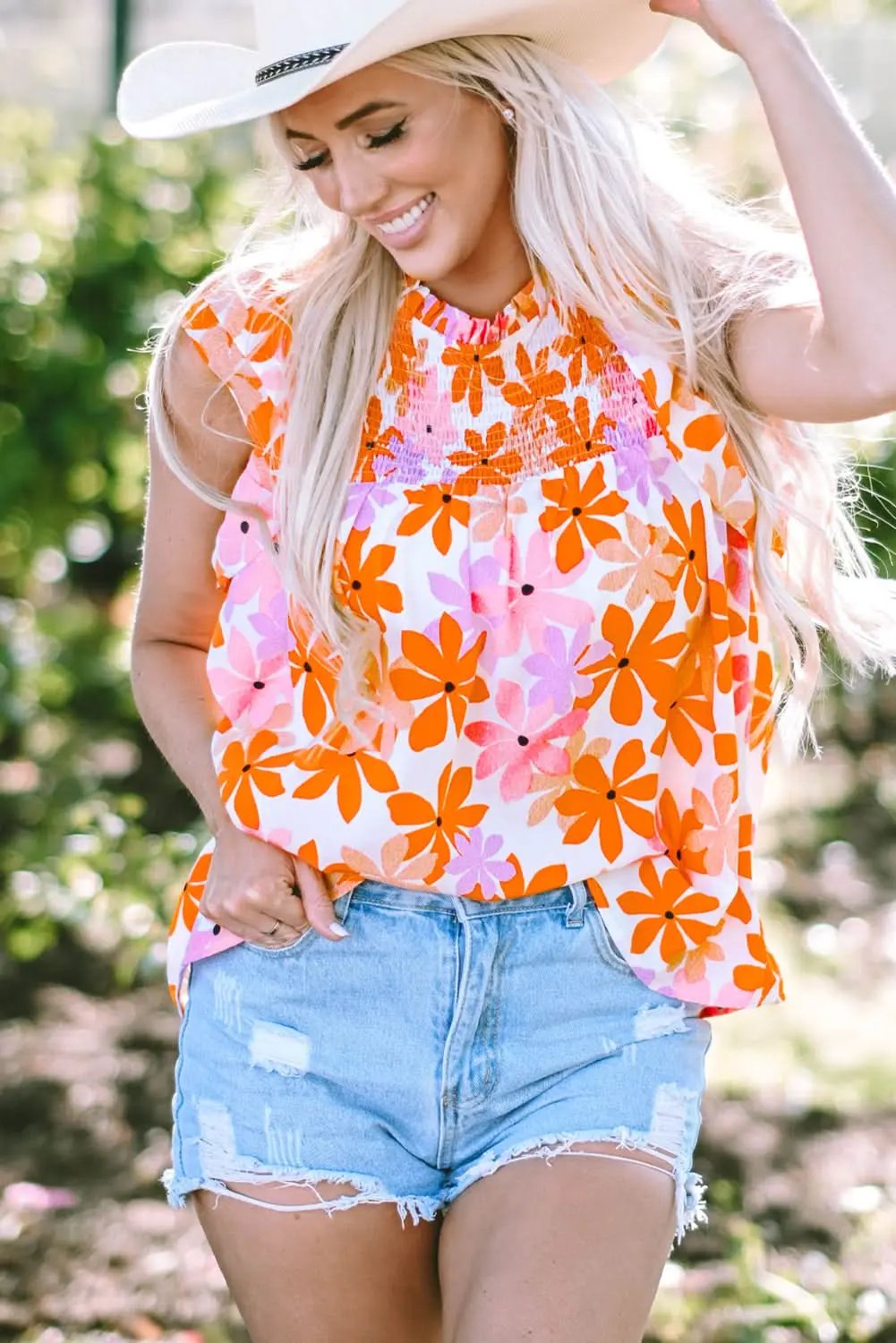 Love Salve Orange Smocked Floral Top Women's Lightweight Summer Top Ruffled Sleeves