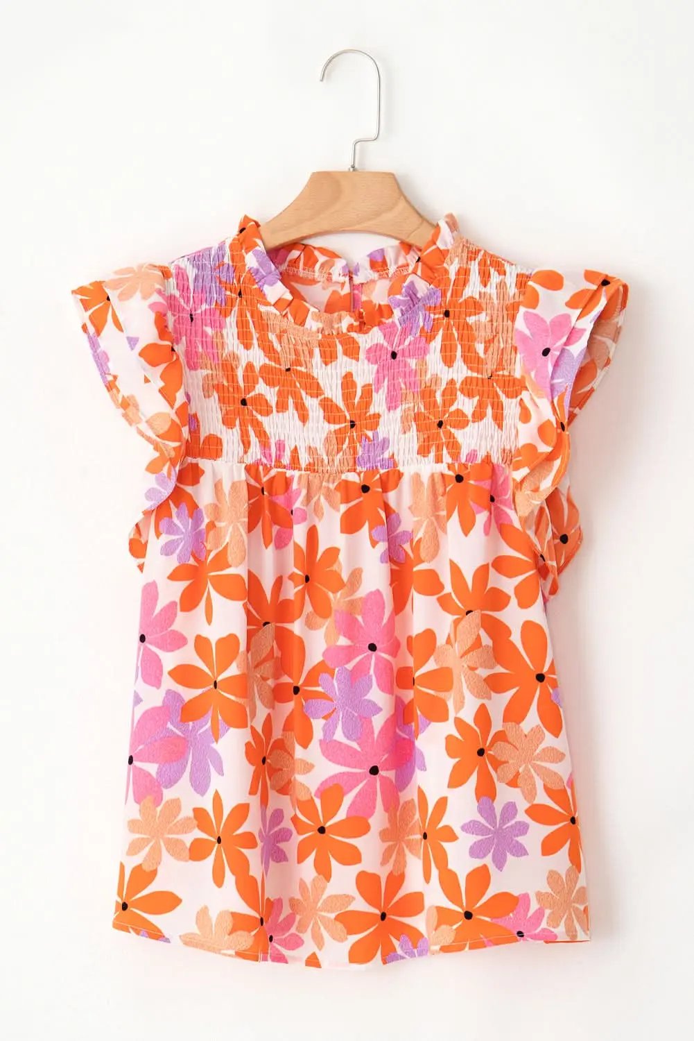 Love Salve Orange Smocked Floral Top Women's Lightweight Summer Top Ruffled Sleeves