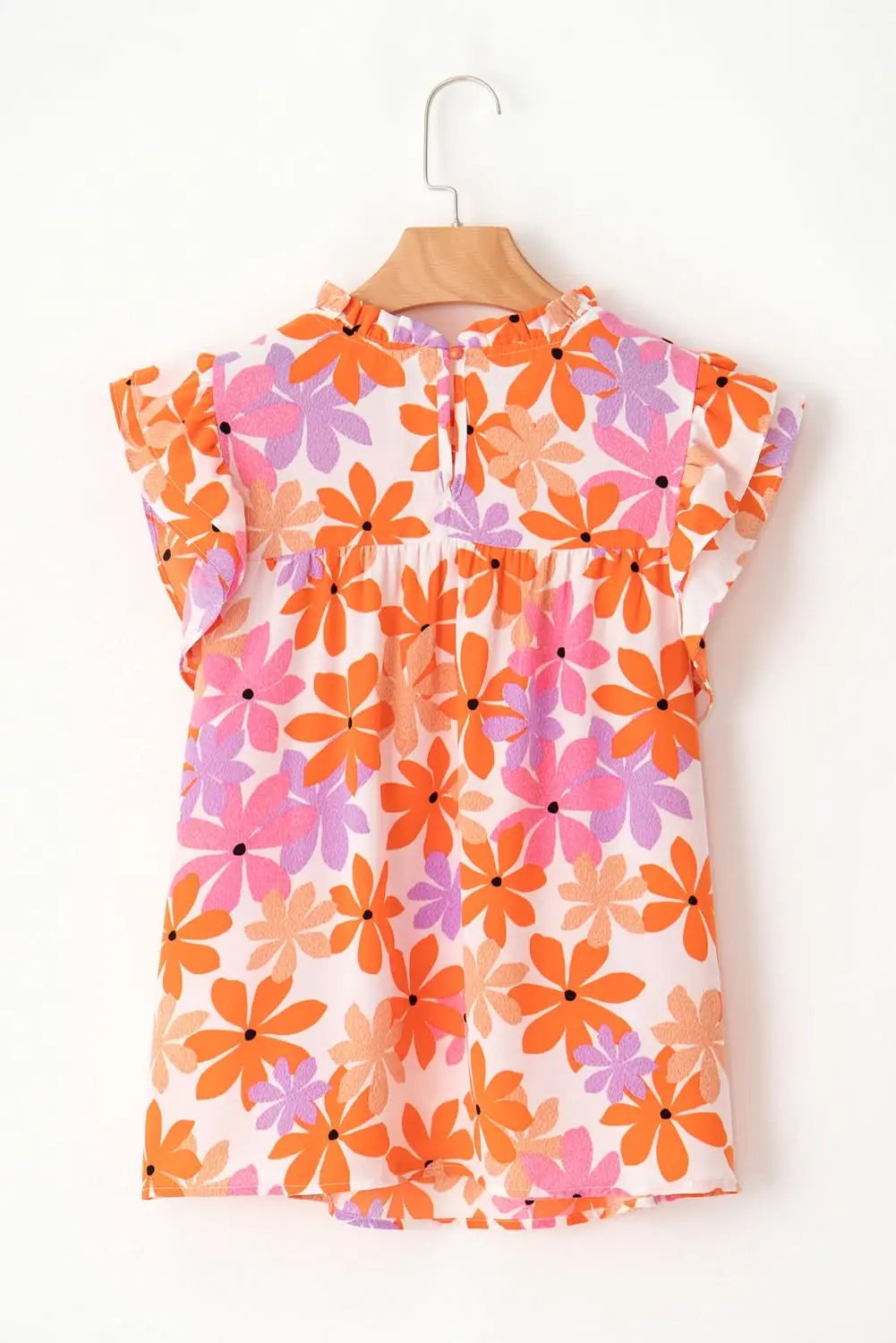 Love Salve Orange Smocked Floral Top Women's Lightweight Summer Top Ruffled Sleeves