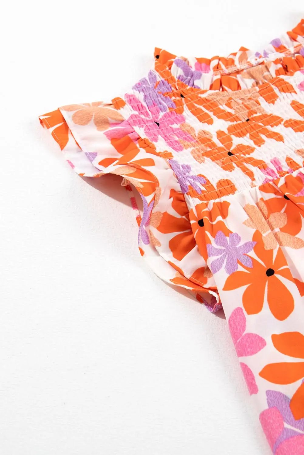 Love Salve Orange Smocked Floral Top Women's Lightweight Summer Top Ruffled Sleeves