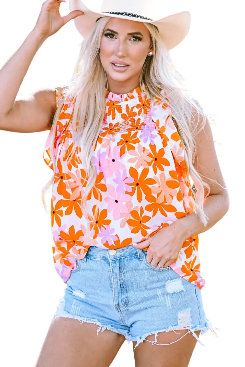 Love Salve Orange Smocked Floral Top Women's Lightweight Summer Top Ruffled Sleeves