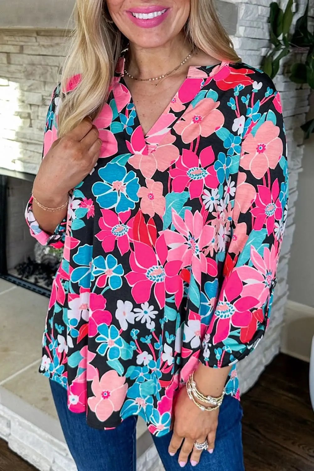 Love Salve Pink Floral V Neck Roll Tab Sleeve Blouse