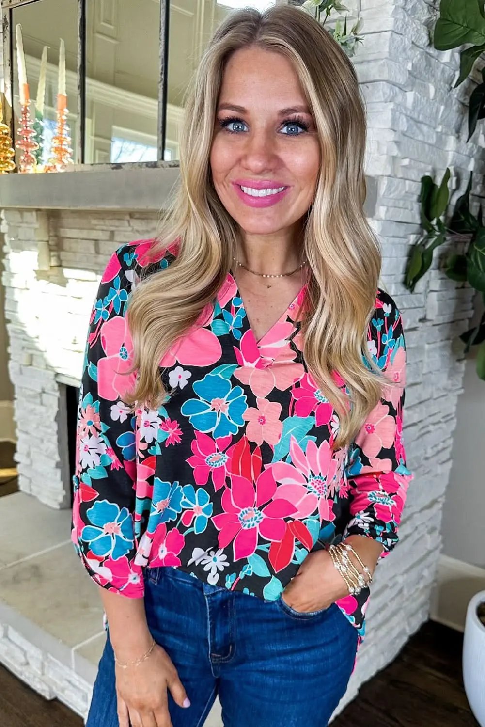 Love Salve Pink Floral V Neck Roll Tab Sleeve Blouse