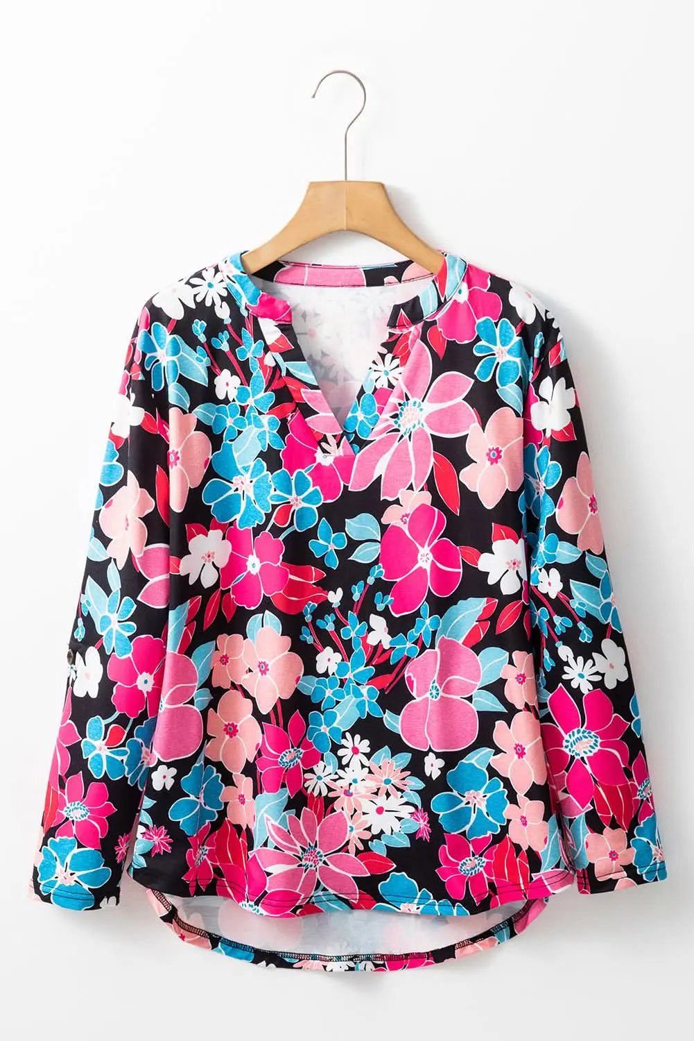 Love Salve Pink Floral V Neck Roll Tab Sleeve Blouse