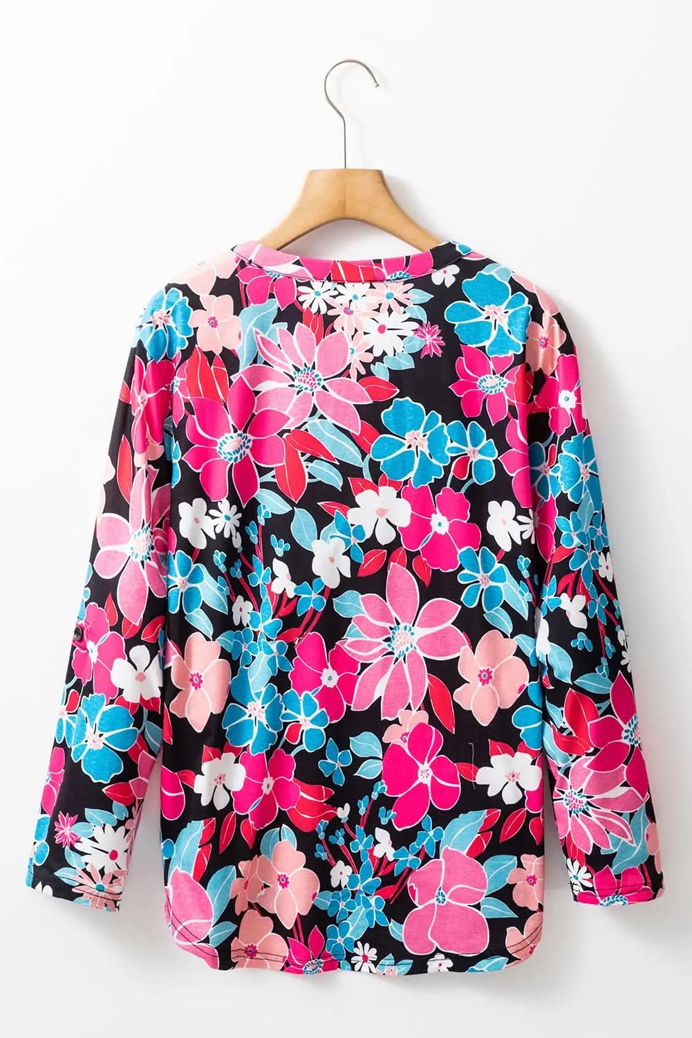 Love Salve Pink Floral V Neck Roll Tab Sleeve Blouse