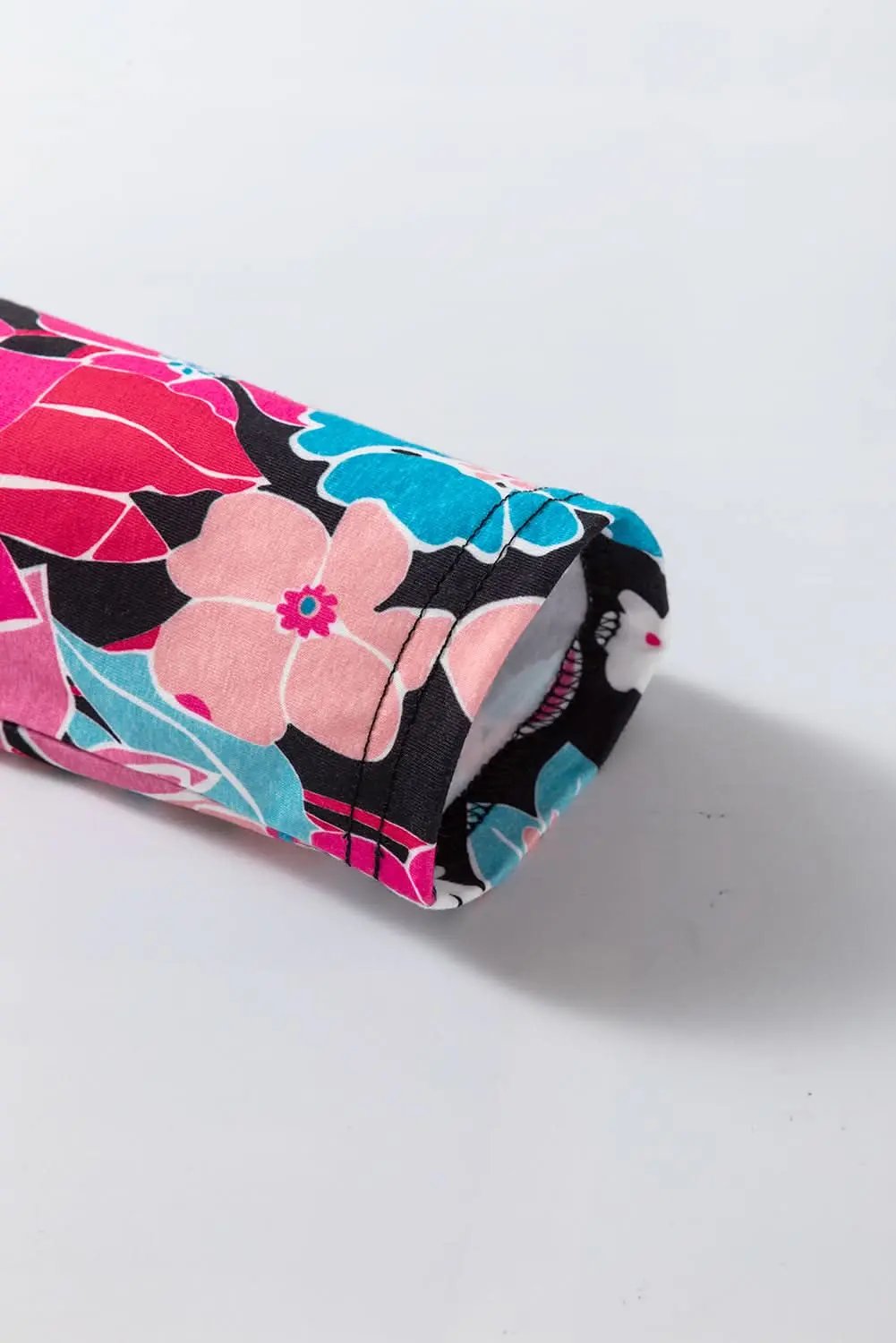 Love Salve Pink Floral V Neck Roll Tab Sleeve Blouse