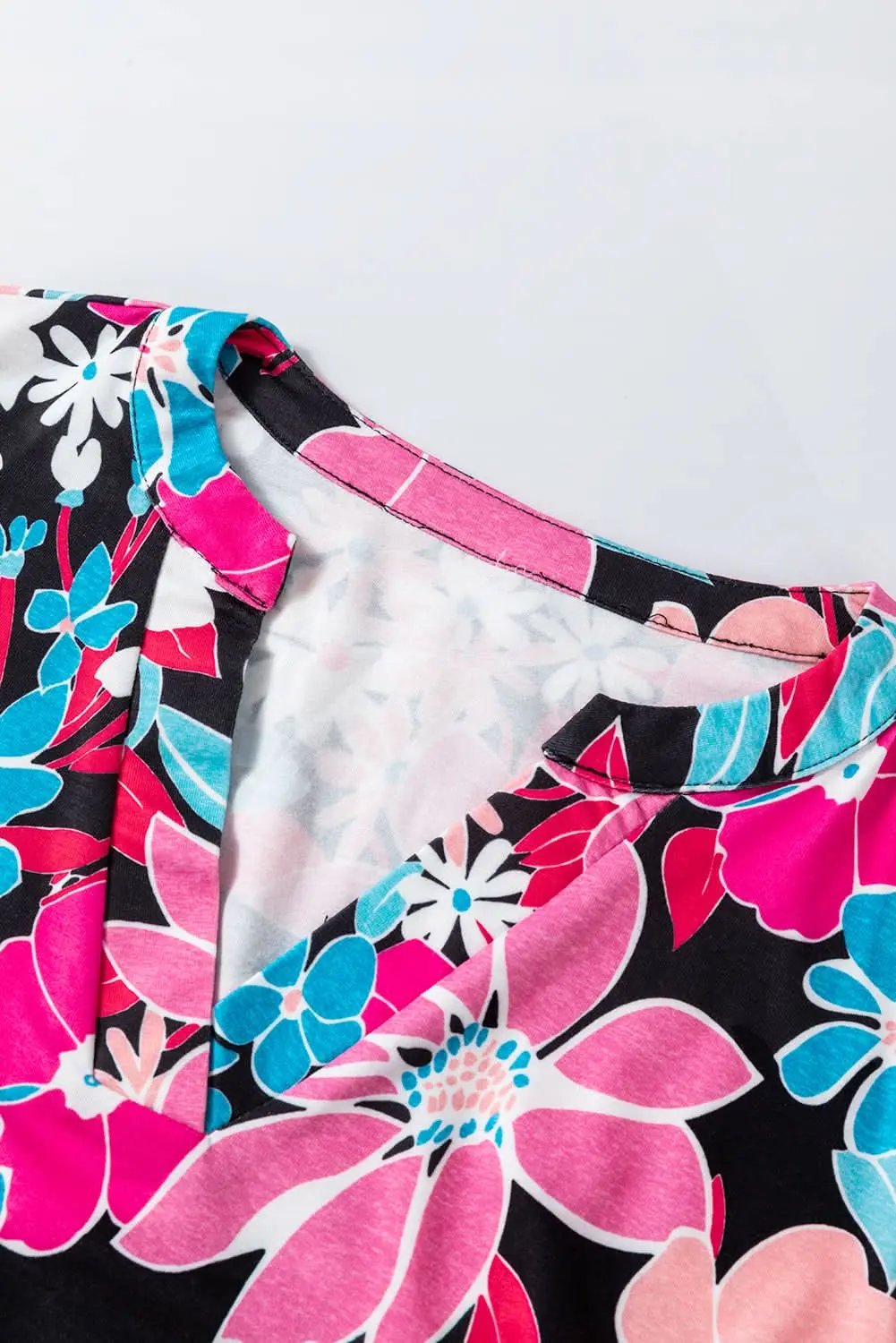 Love Salve Pink Floral V Neck Roll Tab Sleeve Blouse