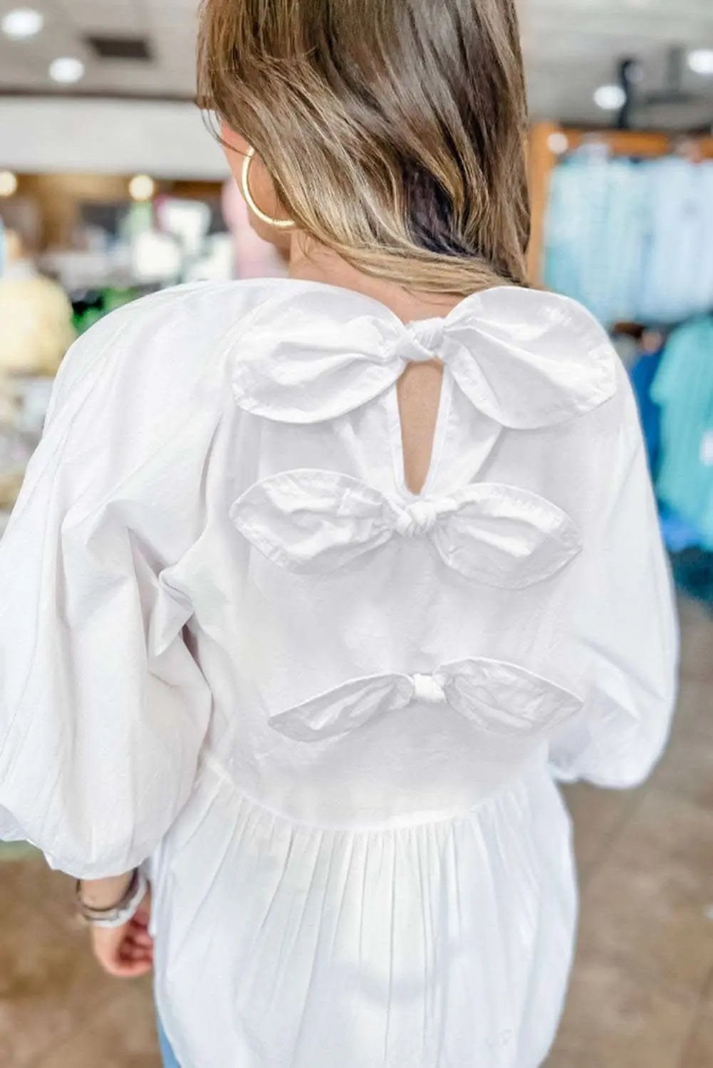 Love Salve White Bow Knot Cutout Back Loose Fit 3/4 Sleeve Bl