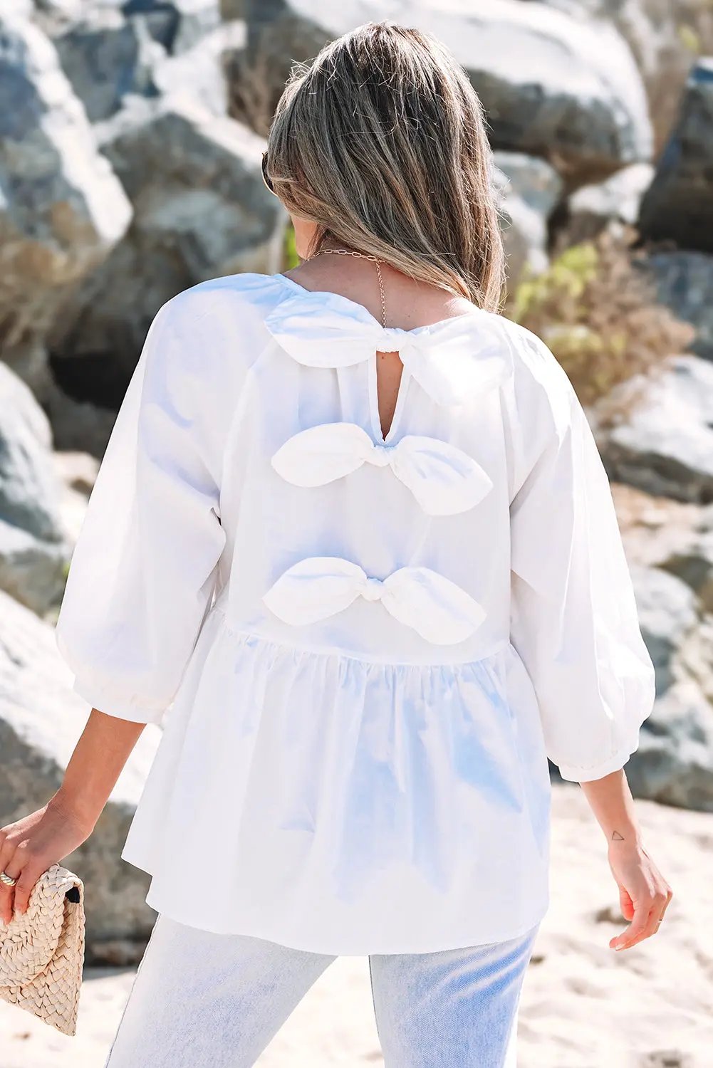 Love Salve White Bow Knot Cutout Back Loose Fit 3/4 Sleeve Bl