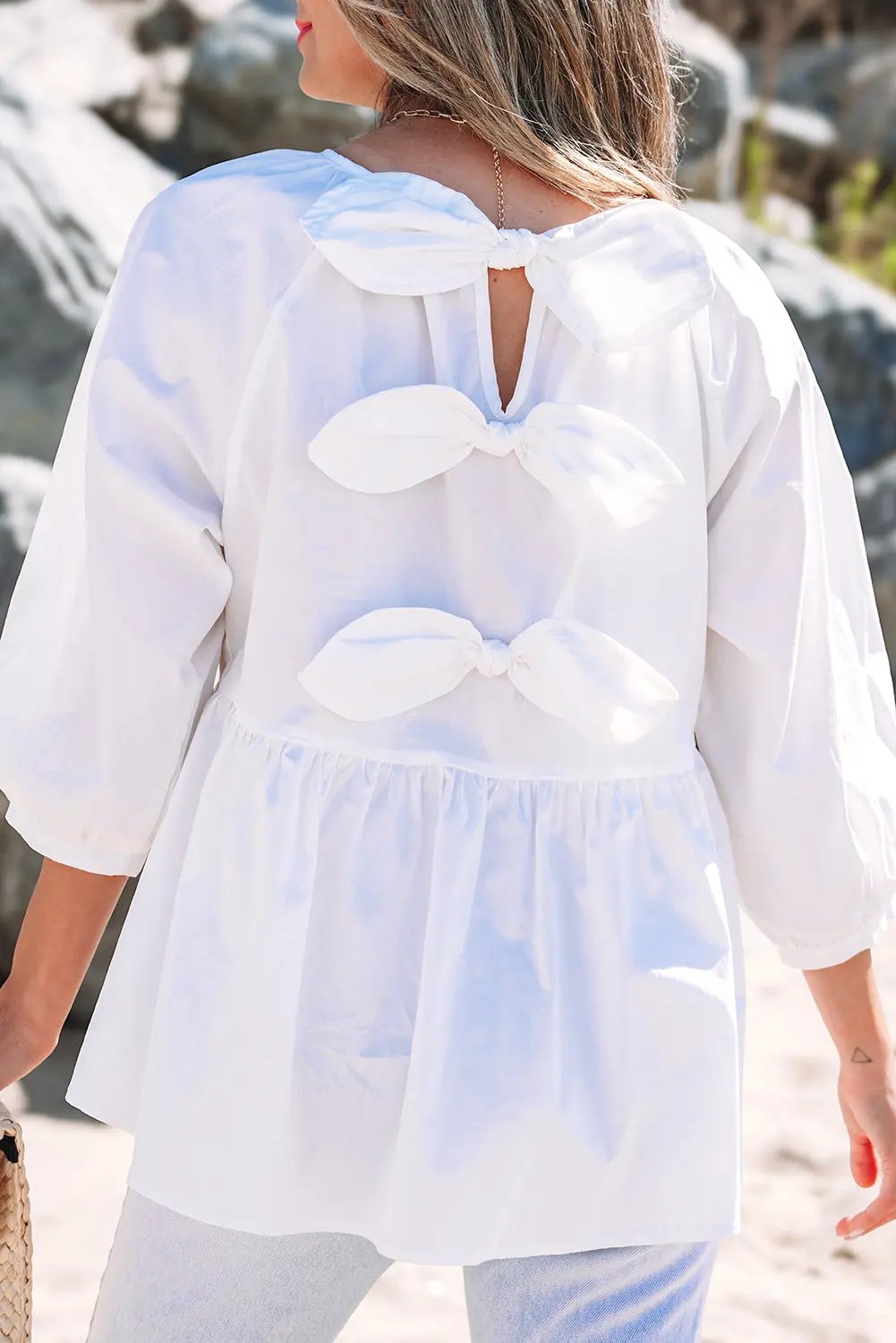 Love Salve White Bow Knot Cutout Back Loose Fit 3/4 Sleeve Bl