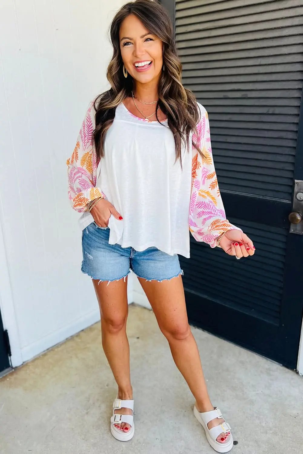 Love Salve White Tropical Leaf Printed Patchwork Sleeve Round