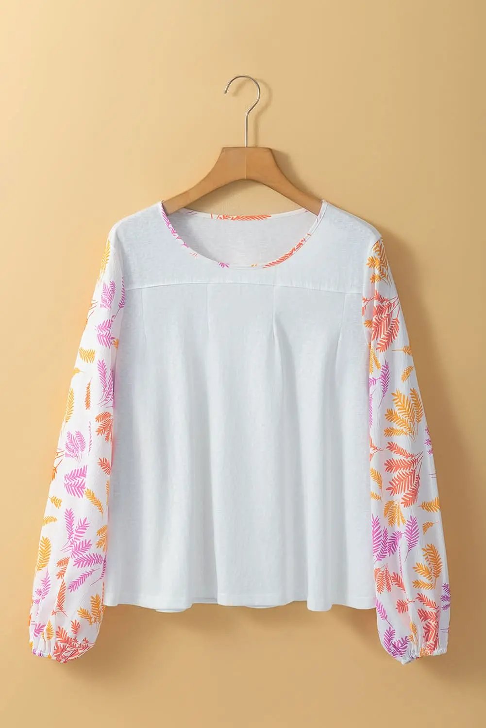 Love Salve White Tropical Leaf Printed Patchwork Sleeve Round