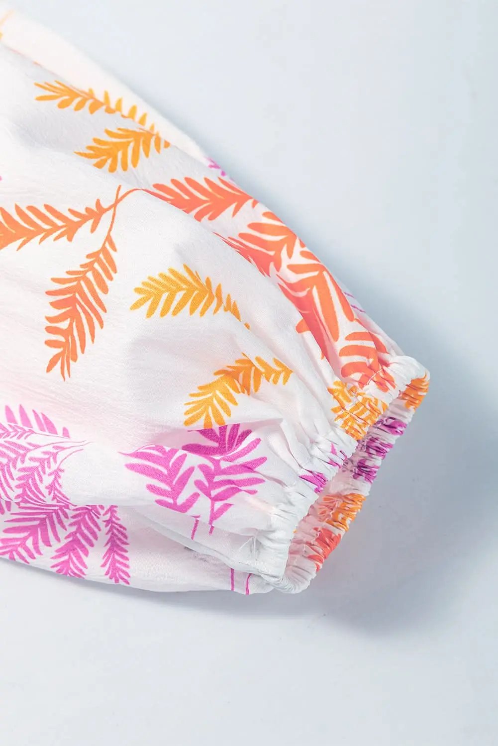 Love Salve White Tropical Leaf Printed Patchwork Sleeve Round