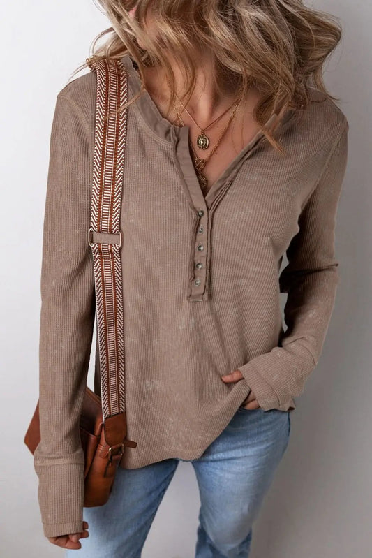 Love Salve Coffee Waffle Knit Top Daily Casual Women's Long Sleeve Acid Wash Tee - Soft & Chic