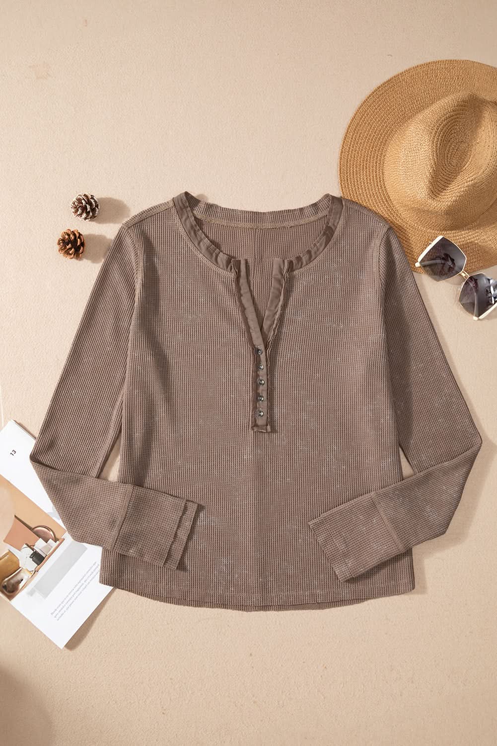 Love Salve Coffee Waffle Knit Top Daily Casual Women's Long Sleeve Acid Wash Tee - Soft & Chic