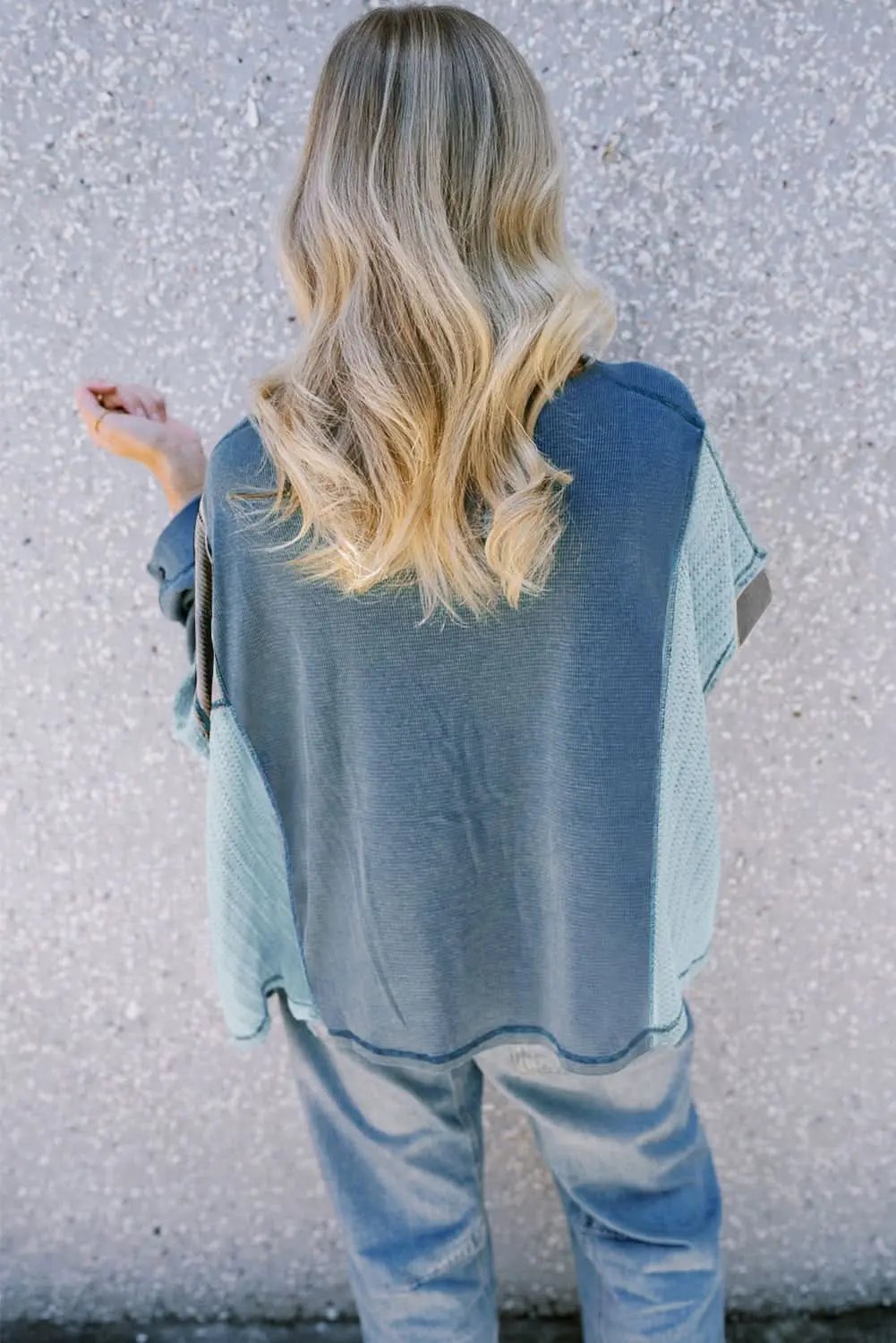 Love Salve Dusk Blue Colorblock Stitching Patchwork Buttoned