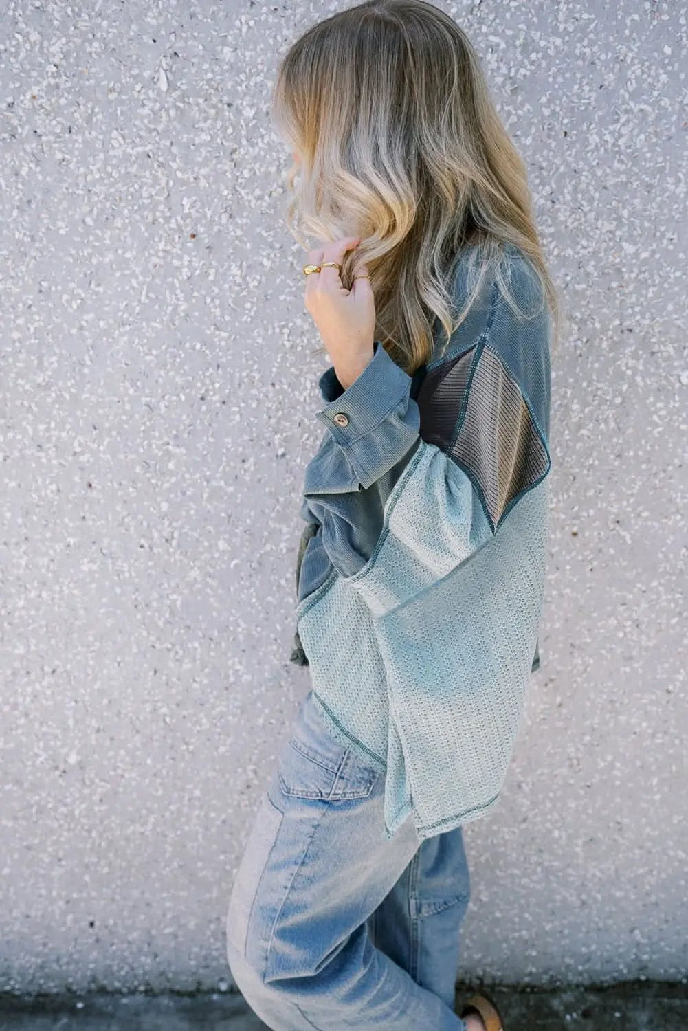 Love Salve Dusk Blue Colorblock Stitching Patchwork Buttoned