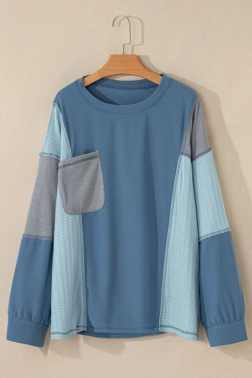 Love Salve Dusk Blue Colorblock Stitching Patchwork Buttoned