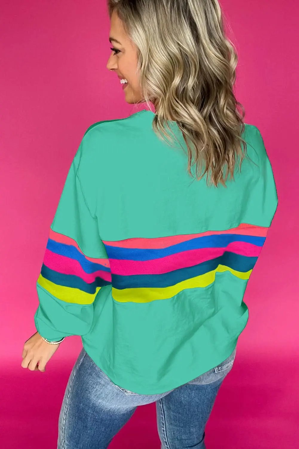 Love Salve Green Colorful Striped Accent Long Sleeve T Shirt
