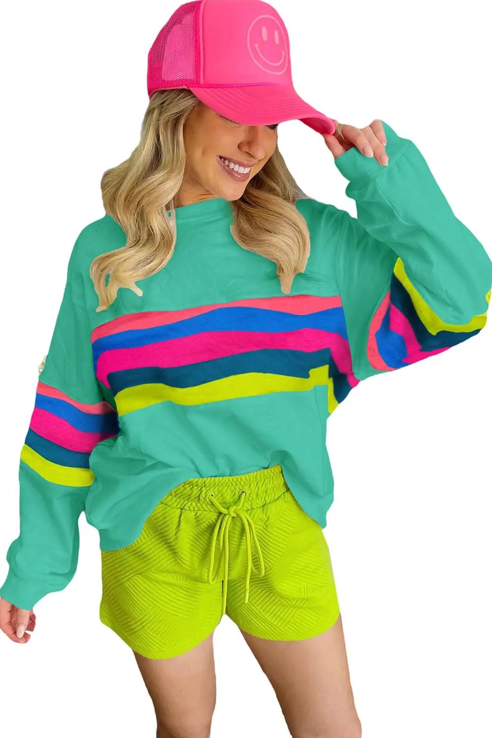 Love Salve Green Colorful Striped Accent Long Sleeve T Shirt
