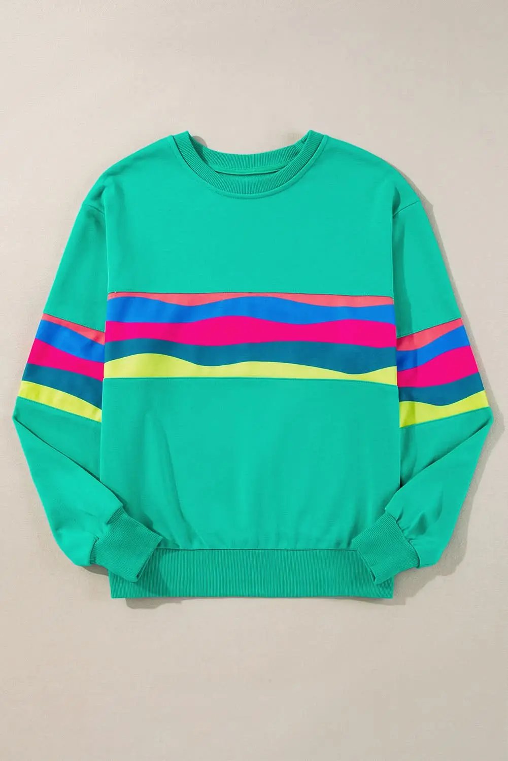 Love Salve Green Colorful Striped Accent Long Sleeve T Shirt