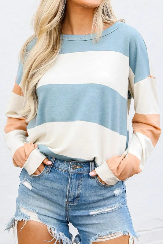 Love Salve Light Blue Colorblock Striped Drop Shoulder Long S