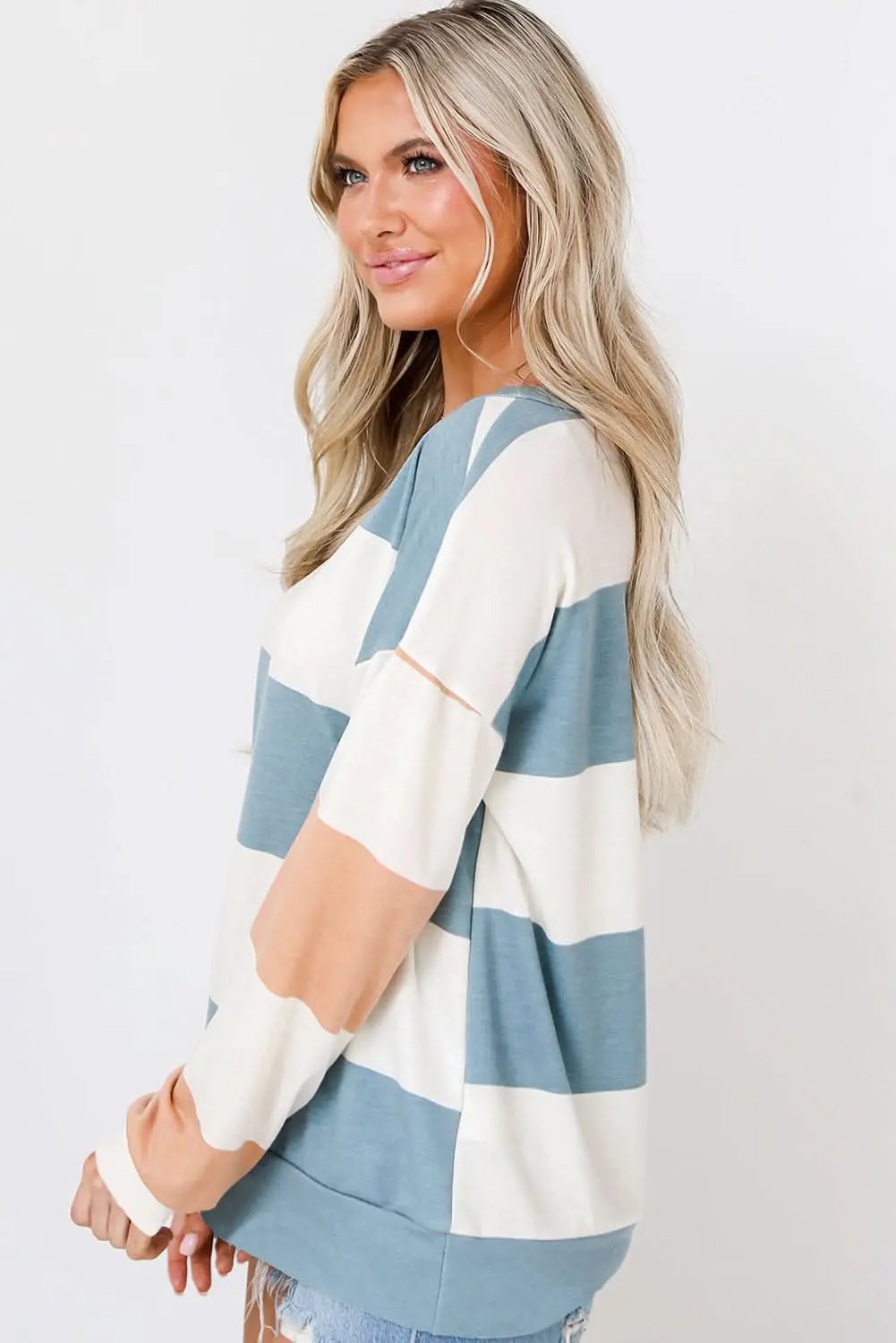 Love Salve Light Blue Colorblock Striped Drop Shoulder Long S