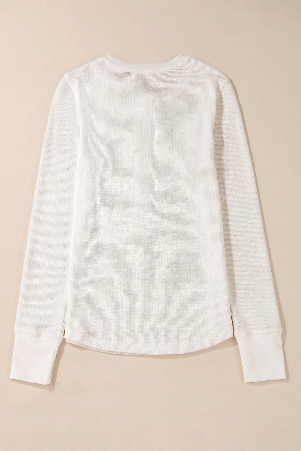 Love Salve White Solid Color Waffle Half Button Long Sleeve T