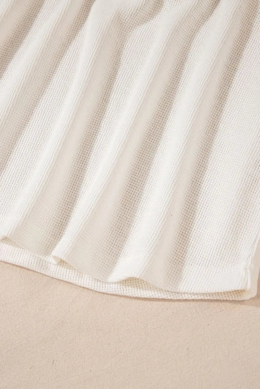 Love Salve White Solid Color Waffle Half Button Long Sleeve T