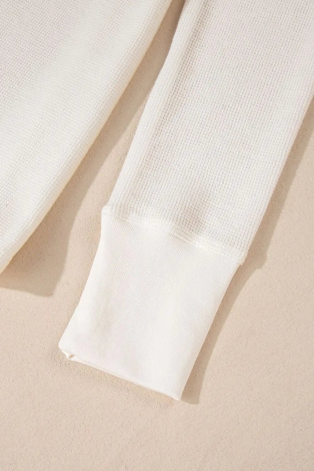 Love Salve White Solid Color Waffle Half Button Long Sleeve T