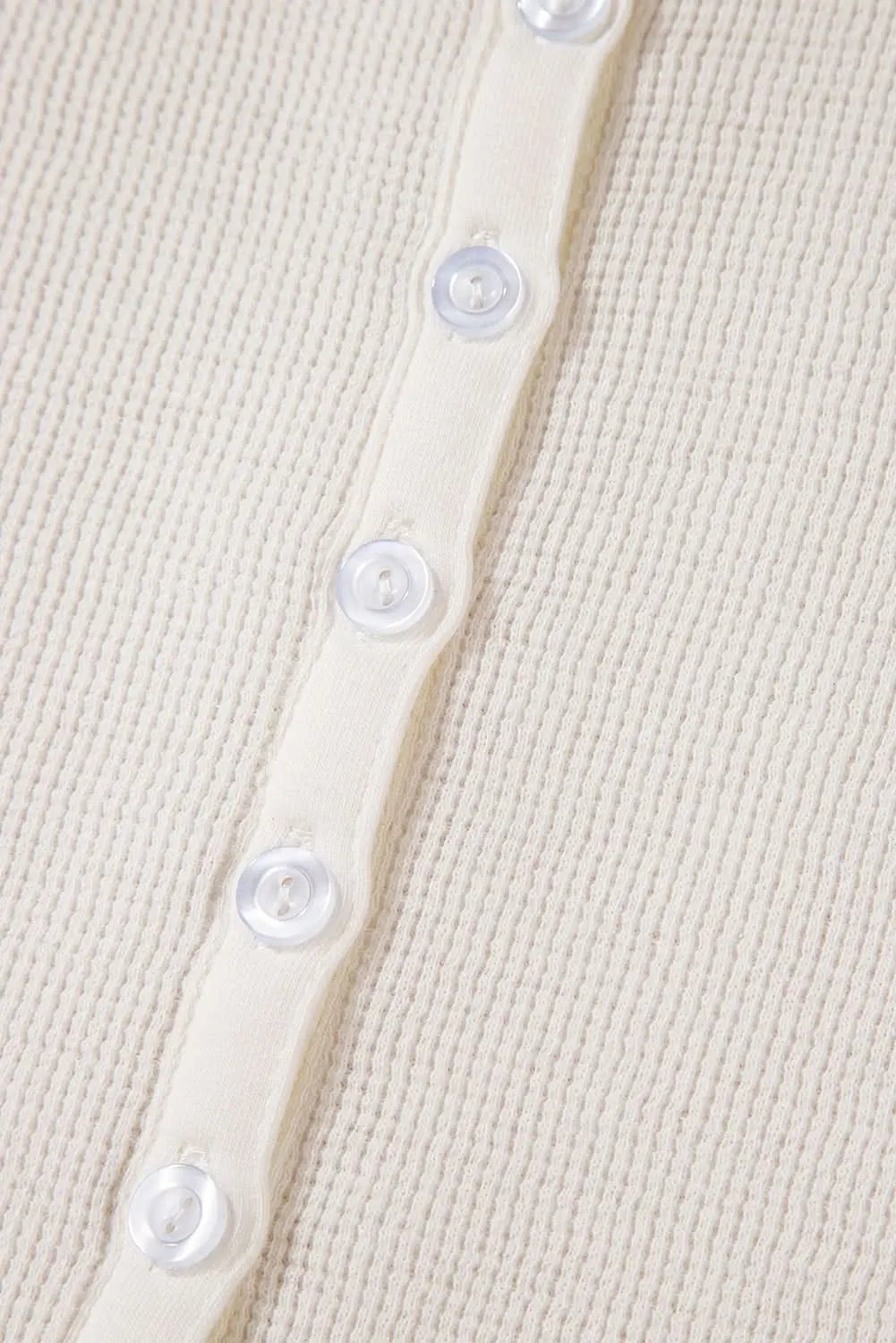 Love Salve White Solid Color Waffle Half Button Long Sleeve T