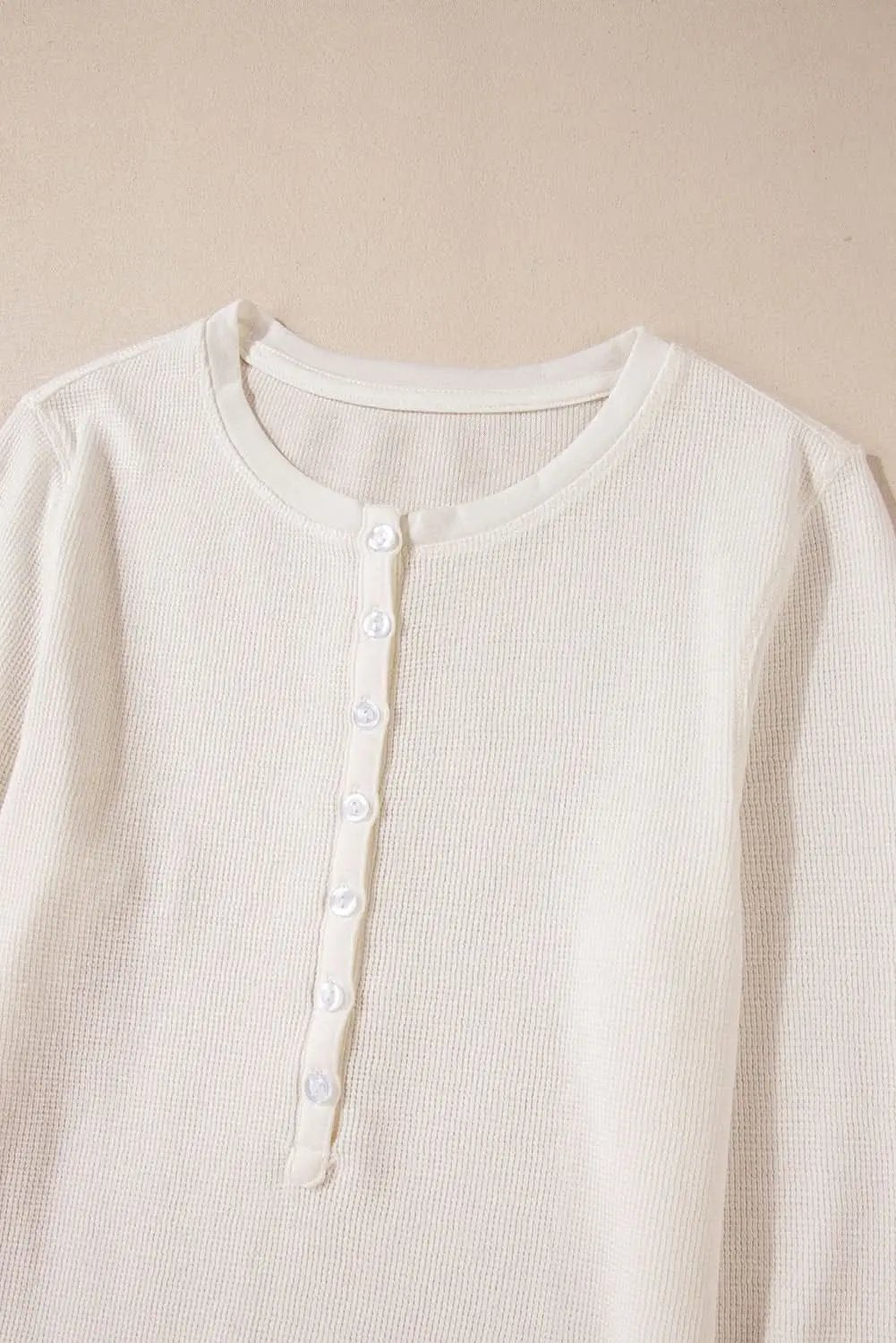 Love Salve White Solid Color Waffle Half Button Long Sleeve T