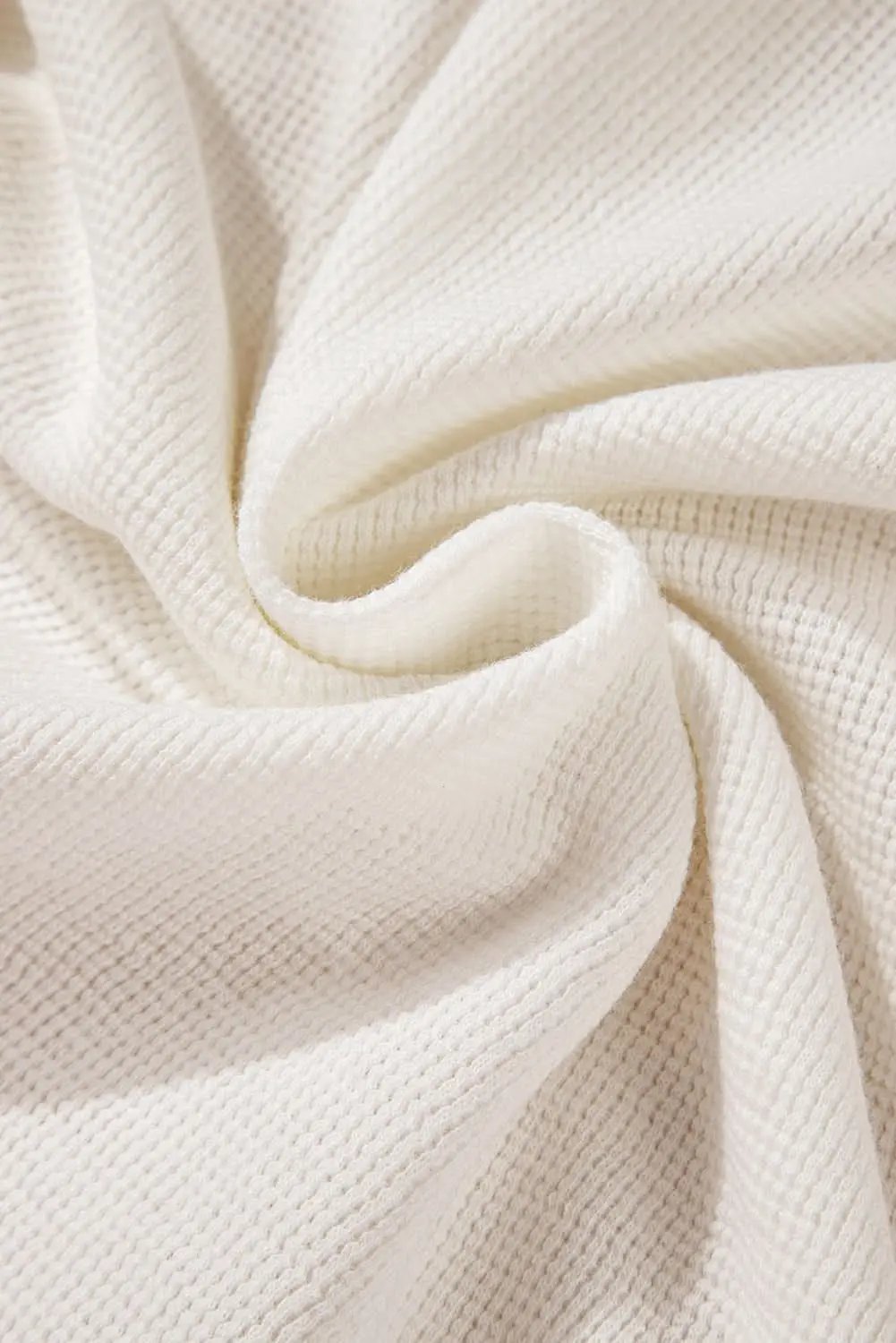 Love Salve White Solid Color Waffle Half Button Long Sleeve T