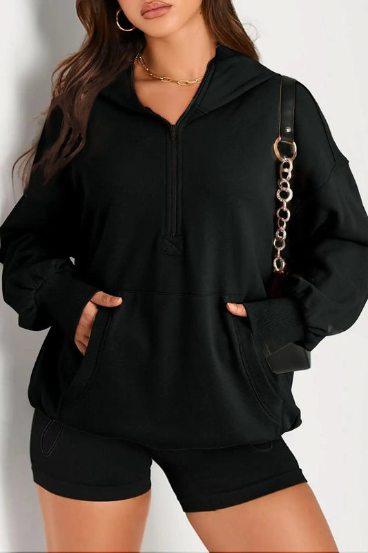 Love Salve Black Solid Kangaroo Pocket Half Zipper Oversized