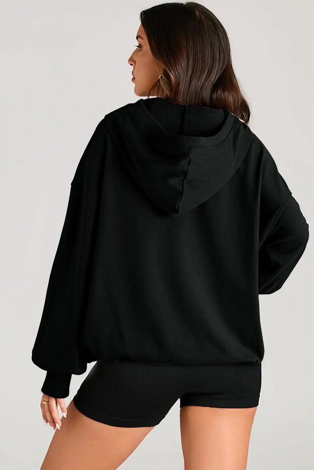 Love Salve Black Solid Kangaroo Pocket Half Zipper Oversized