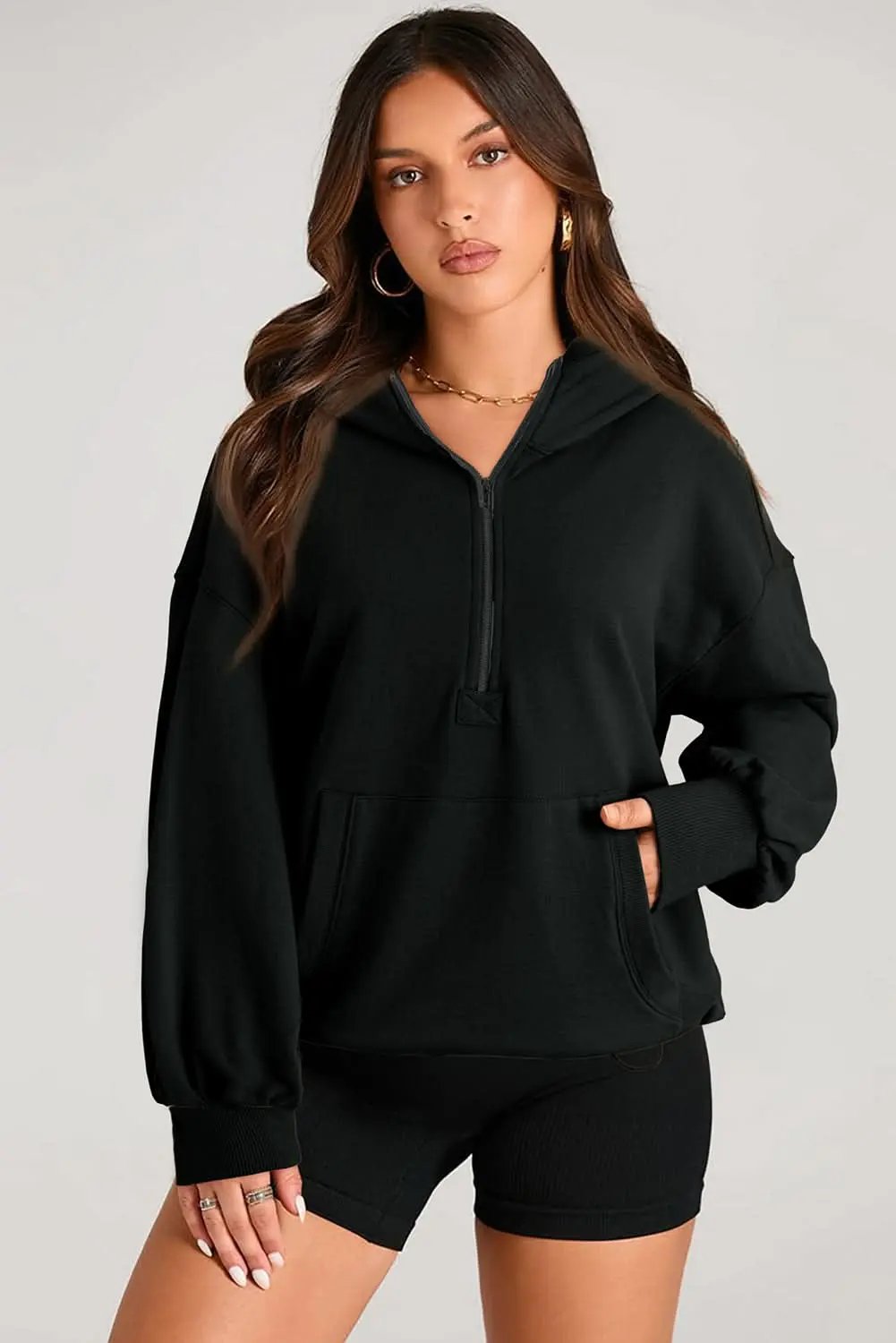 Love Salve Black Solid Kangaroo Pocket Half Zipper Oversized