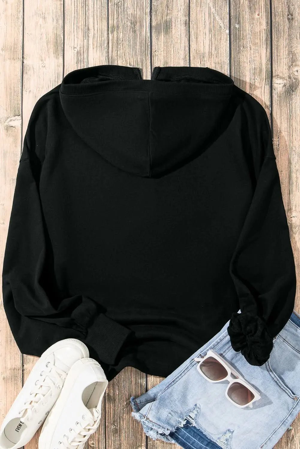 Love Salve Black Solid Kangaroo Pocket Half Zipper Oversized