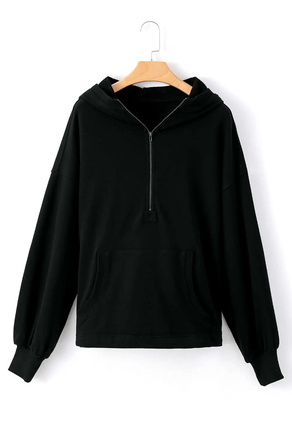Love Salve Black Solid Kangaroo Pocket Half Zipper Oversized