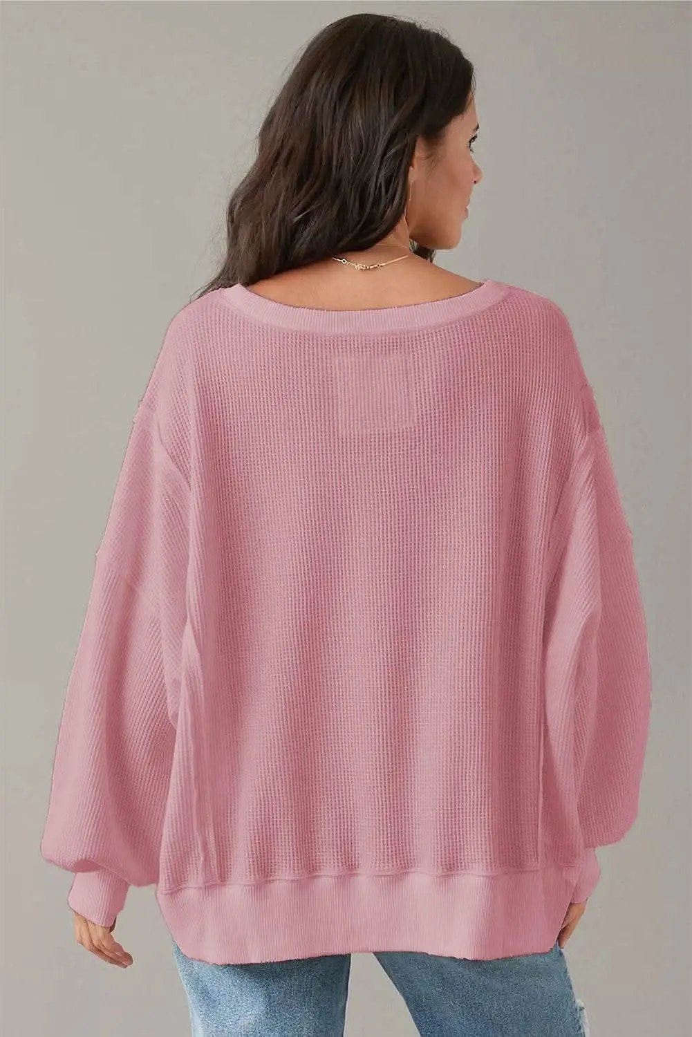 Love Salve Pink Waffle Knit Bishop Sleeve Split Oversized Swe