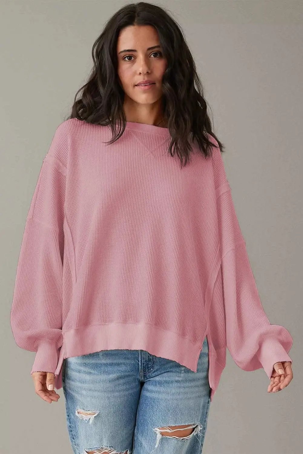 Love Salve Pink Waffle Knit Bishop Sleeve Split Oversized Swe