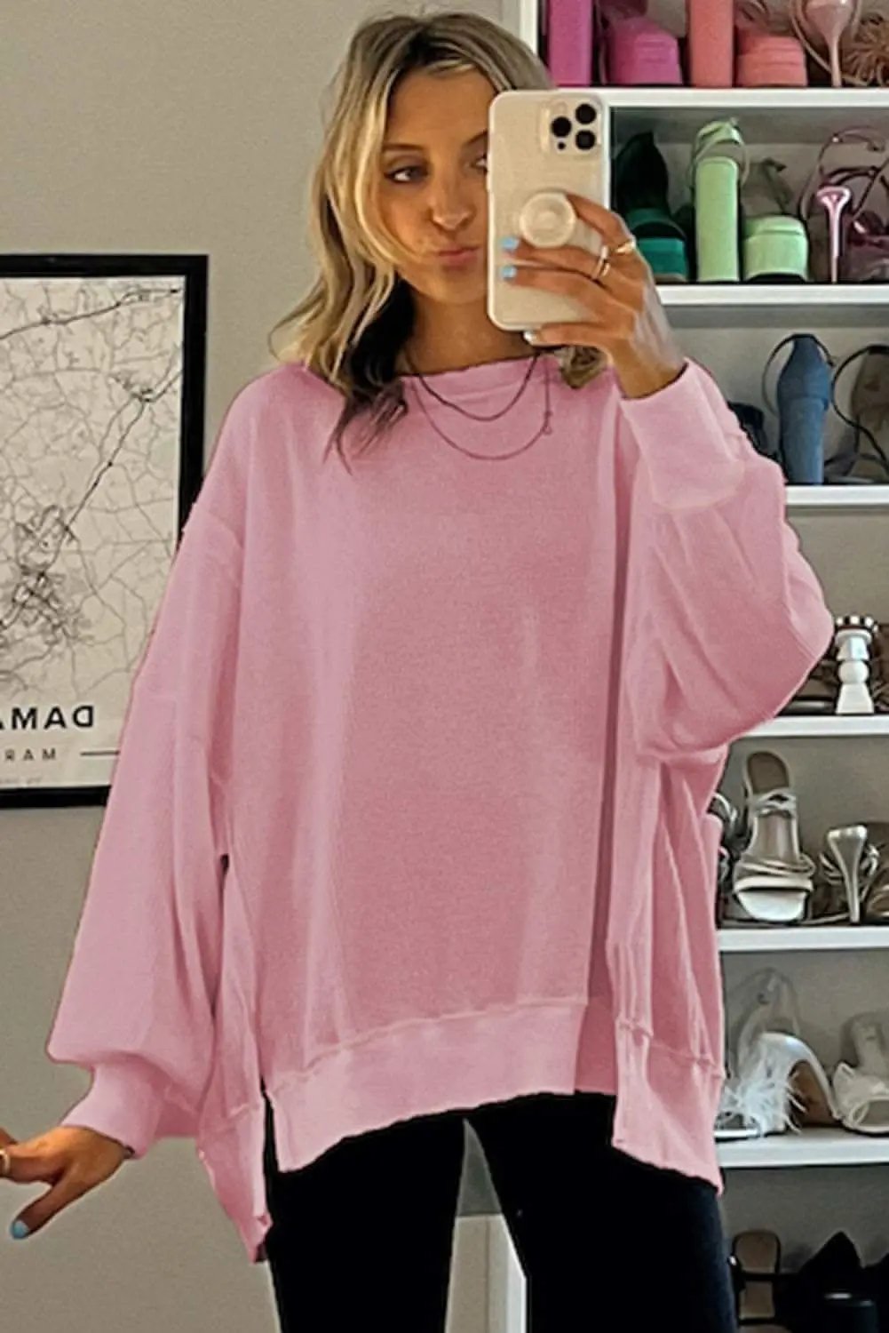 Love Salve Pink Waffle Knit Bishop Sleeve Split Oversized Swe